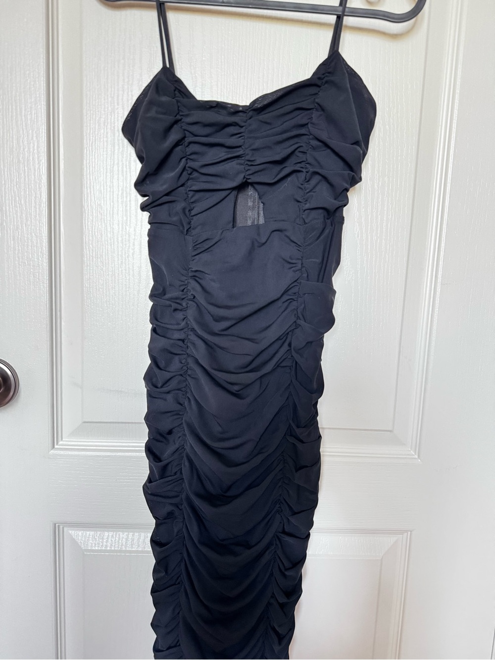 Revamped Black Ruched Midi Dress with Spaghetti Straps